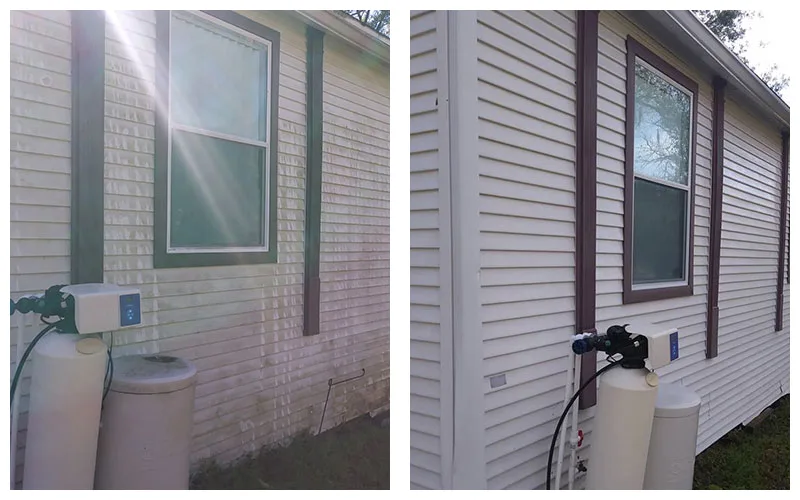 Before-and-after house washing results on exterior siding in Polk County, Florida