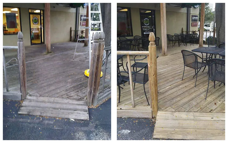 Before-and-after commercial wooden patio and deck cleaning in Polk County, Florida