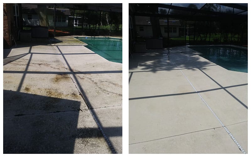 Before-and-after pool deck cleaning around a screened swimming pool in Polk County, Florida