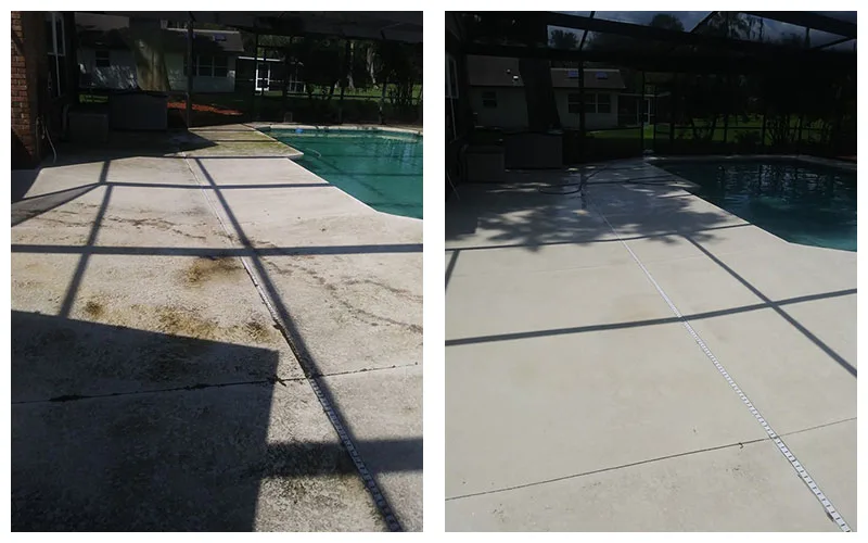 Before-and-after pool deck cleaning around a screened swimming pool in Polk County, Florida